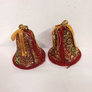 2  Vintage Embellished Christmas Cloth Bells Ornament Hand-crafted